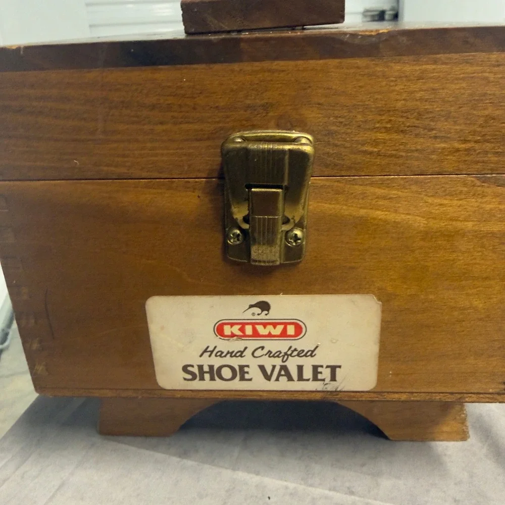 Vintage KIWI Hand Crafted Shoe Valet Wooden Shine Box Dovetail Footrest Caddy